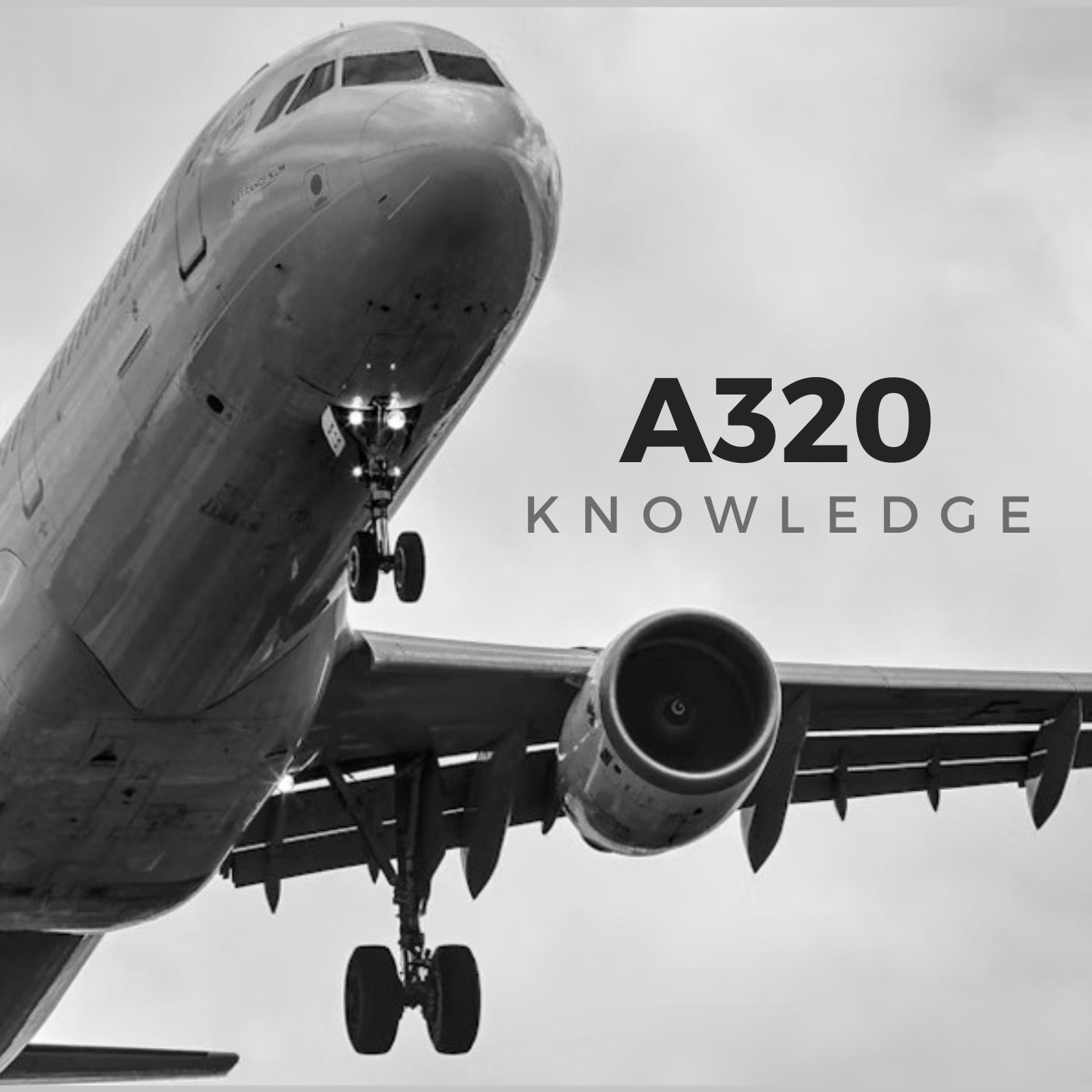 An A320 on approach with its gear down, beside the A320 Knowledge wordmark