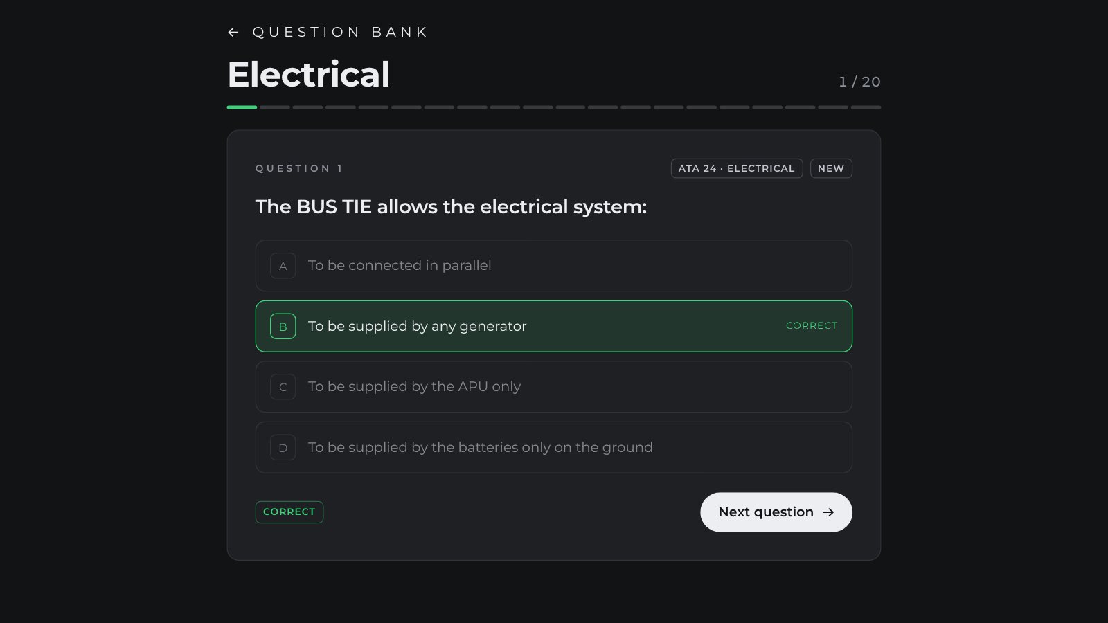A Question Bank session on Electrical, with the correct answer marked